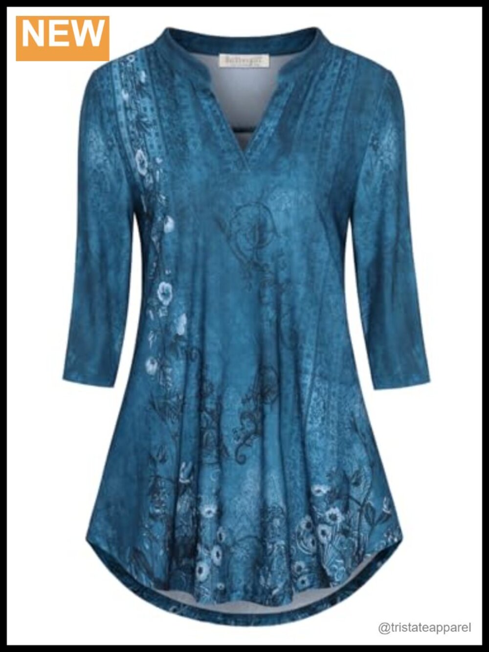 Women's 3/4 Sleeve Notch V Neck Floral Tunic Top Work Blouse